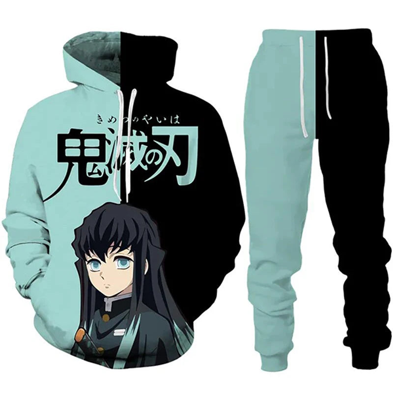 Anime Demon Slayer Hoodies 3D Printed Cosplay pants+Hoodie 2PCS Set Tracksuit Men Oversize Vintage Streetwear Hoodie Pants Sets