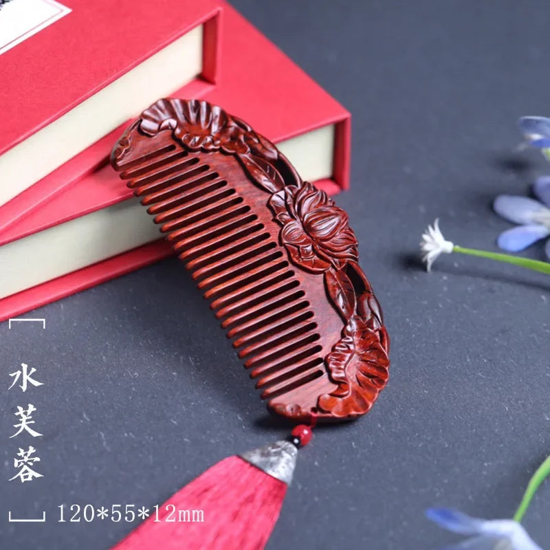 Natural Rhinoceros Horn Small Leaf Red Sandalwood Carved Wood Comb Retro Style Massage Comb Gifts with comb