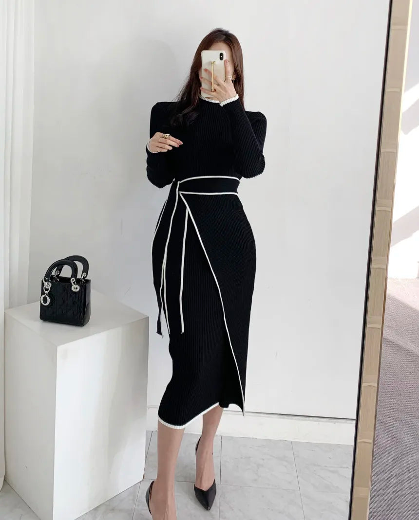 Elegant Stand Collar Contrast Bandage Long Sleeve Women Knitted Dress Autumn Korean Fashion Casual Knit Bodycondresses Vestidos