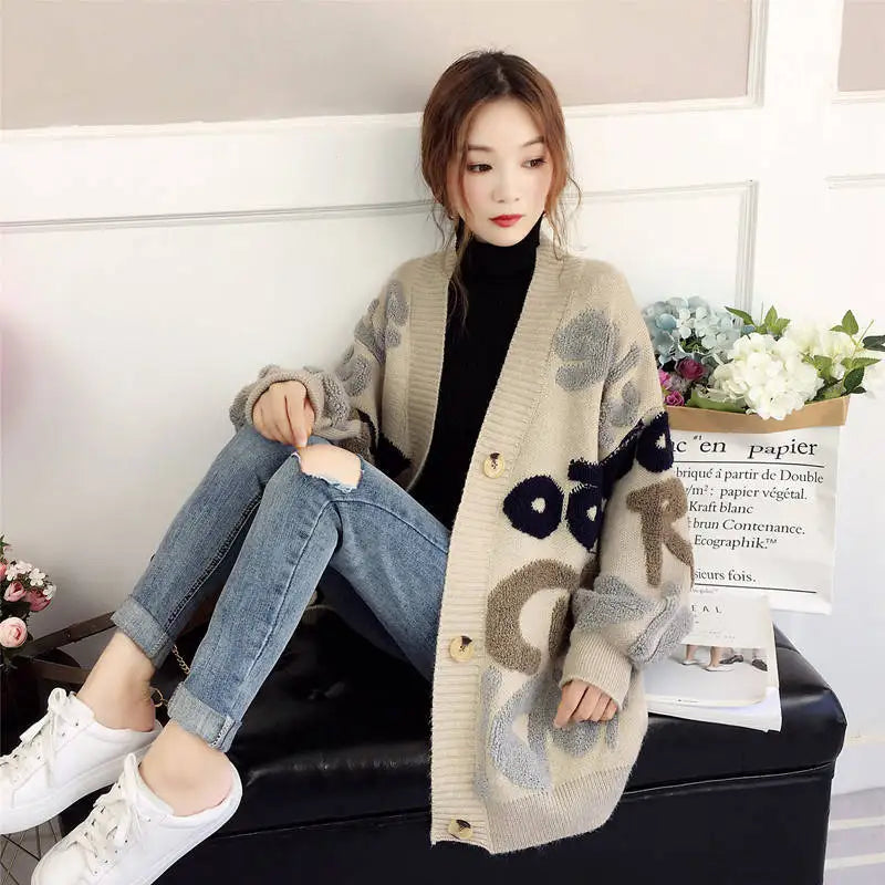 Slouchy Style Sweater Women's Cardigan Loose Autumn and Winter Korean 2023 New Style Outerwear Knitted Jacket Medium Length