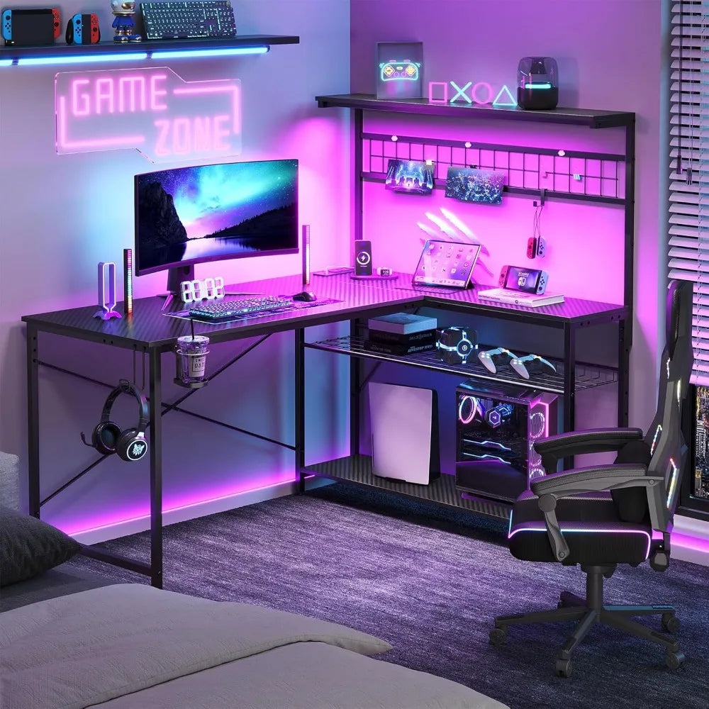 L Gaming Desk,Computer Desk with Power Outlets, LED Lights, Reversible Corner Desk 4-Tier Shelves,Cup Holder