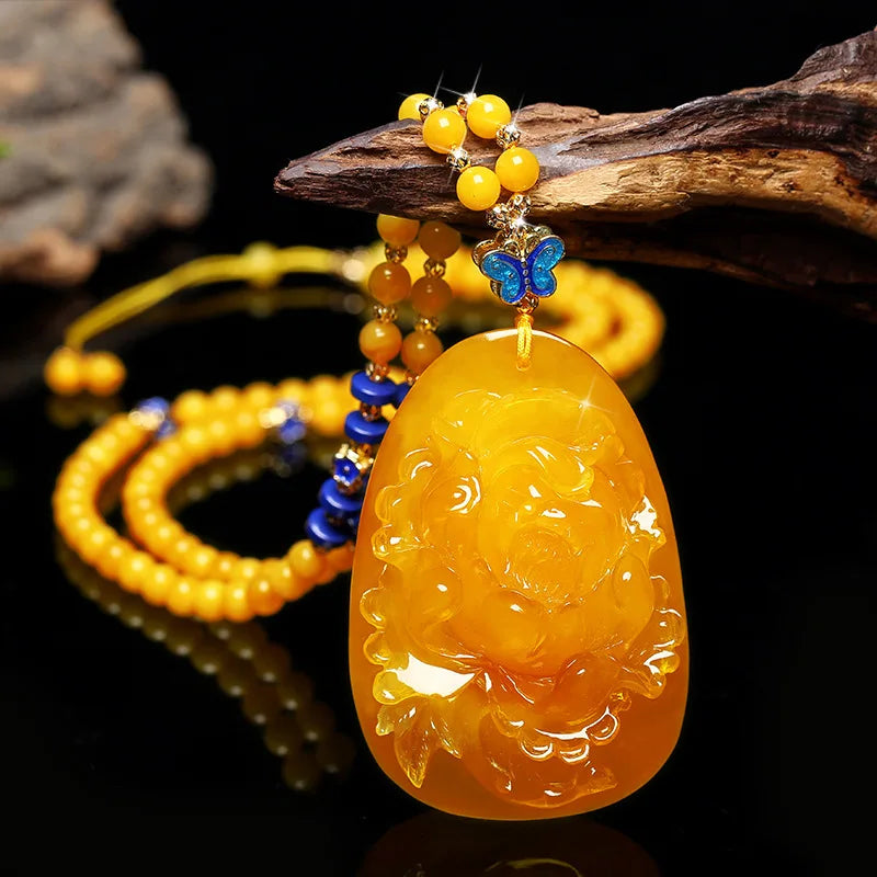 Drainage Gift Beeswax Pendant Women's Water Drop with Shape Sweater Chain Blue Carving Amber Necklace Pendant