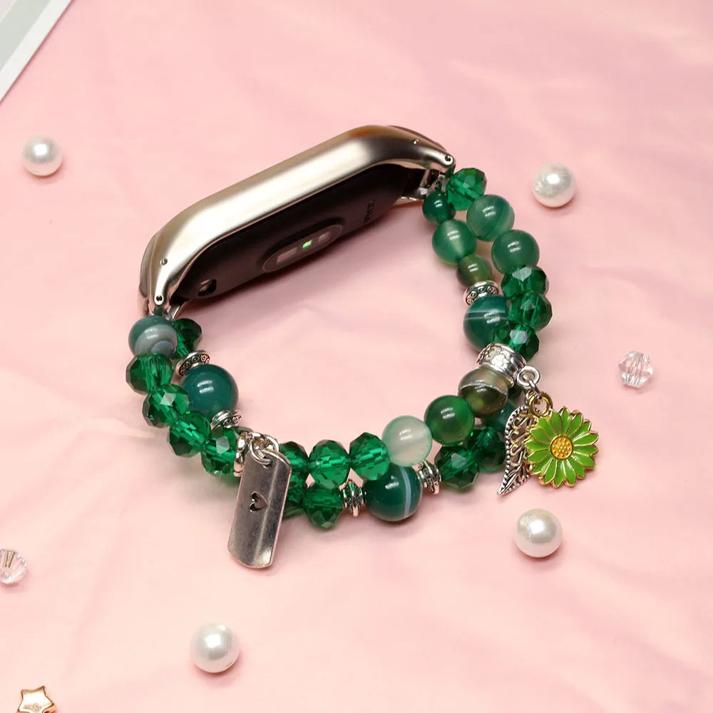 Mi band 7 strap green bracelet for Xiaomi mi band 7 bands for woman luxury agate crystal beads elastic watchband dressy Luxury