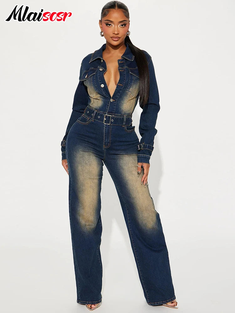 Mlaiscsr Stretch Denim One Piece Jumpsuits with Belt Women Clothes Winter Long Sleeve Lapel Washed Jean Romper Birthday Overalls