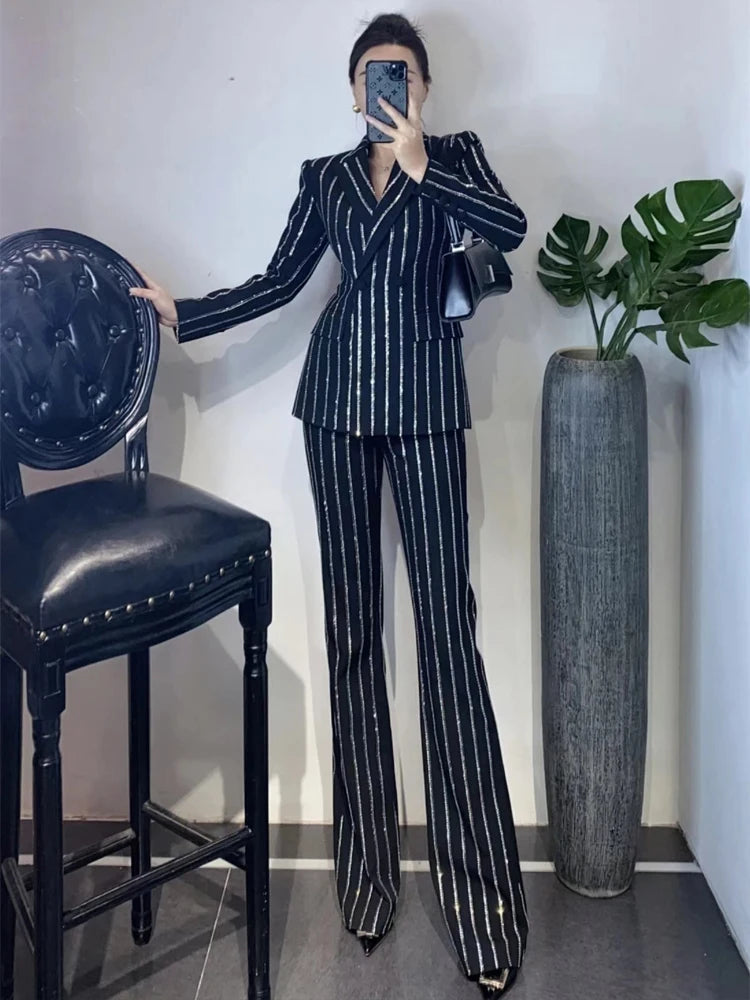 Luxury Striped 2 piece set for women Rhinestone double breasted blazer And Flare pants 2024 Autumn winter Office lady suit 4O083