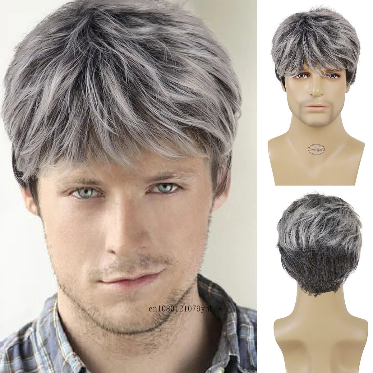 Male Mix Grey Wigs Synthetic Hair Short Wig with Bangs for Men Daddy Hairstyles Gifts Daily Cosplay Costume Party Heat Resistant - KIMLUD