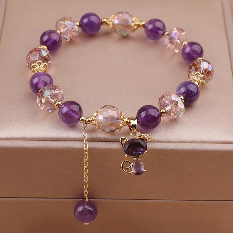 Natural Amethyst Bracelet  Women's Light Luxury Wishing Lucky Cat Beaded Pendant Hand Chain Best Friend Bangles Jewelry Gift