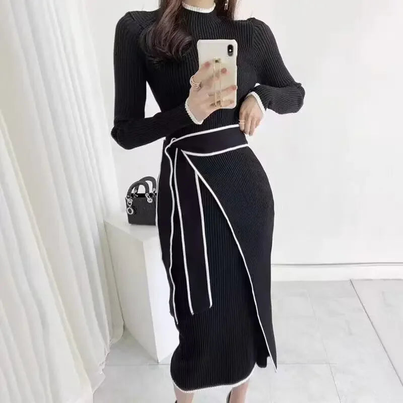 New Retro Knitted Bodycon Dress Women Korean Fashion Autumn Winter Half High Collar Lace Up Elegant Sweater Dresses Vestidos