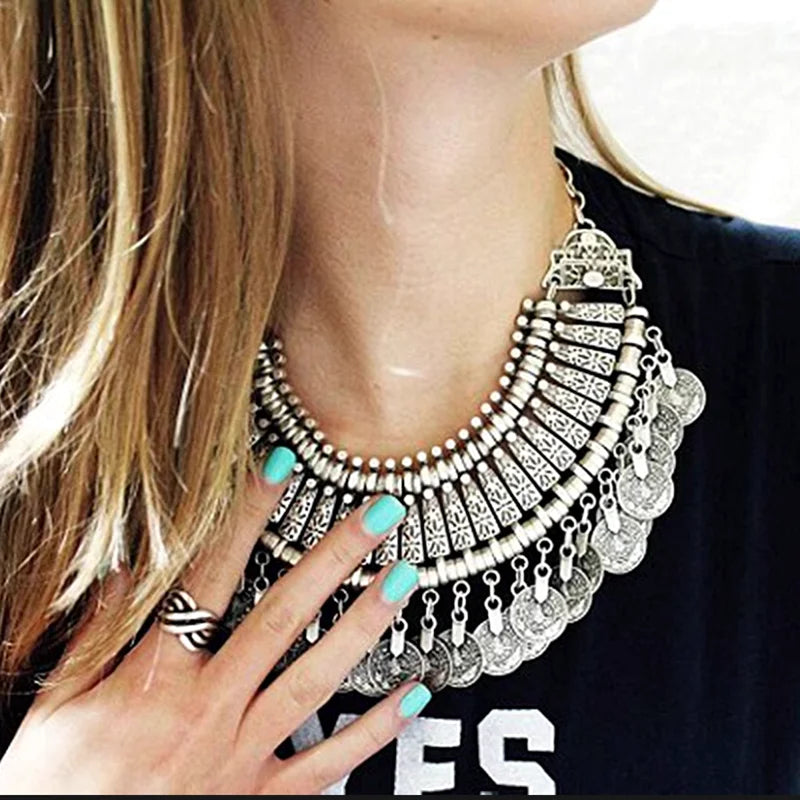 Boho Ethnic Vintage Antique Metal Coin Tassel Statement Necklace For Women Trend 2024 Afghan Turkish Tribal Jewelry - KIMLUD