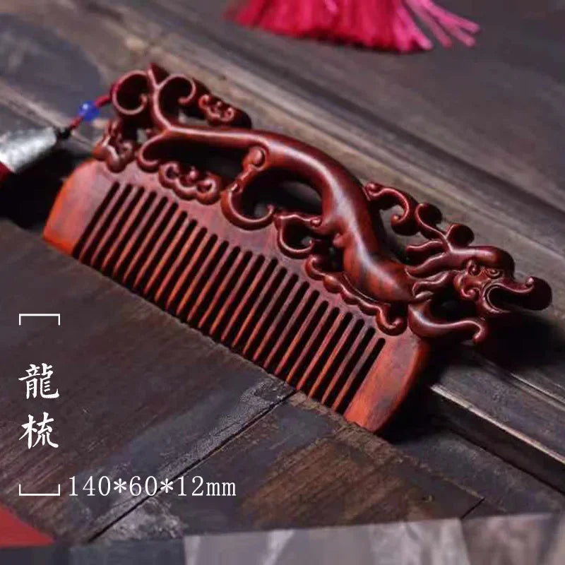 Natural Rhinoceros Horn Small Leaf Red Sandalwood Carved Wood Comb Retro Style Massage Comb Gifts with comb