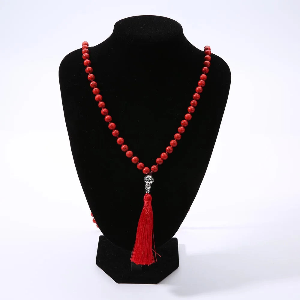 8mm Red Turquoise Knotted 108 Mala Beaded Necklace Meditation Yoga Blessing  Jewelry for Men and Women