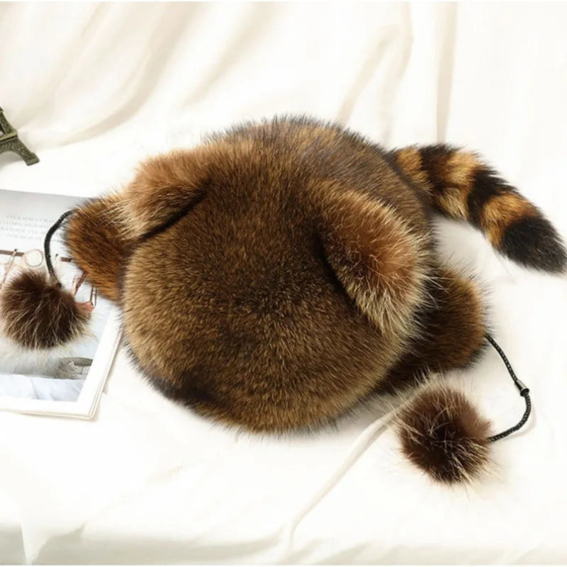 trend Raccoon Fur Cap Tail Women Natural Raccoon Fur Caps Ushanka Hats for Winter Thick Warm Ears Fashion Bomber Pom Pom Hat - KIMLUD