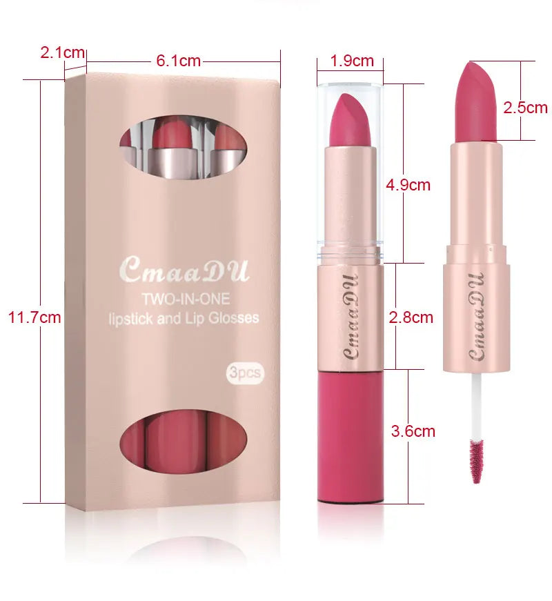 3pcs of 2-in-1 lipstick and lip gloss set matte durable waterproof lipstick