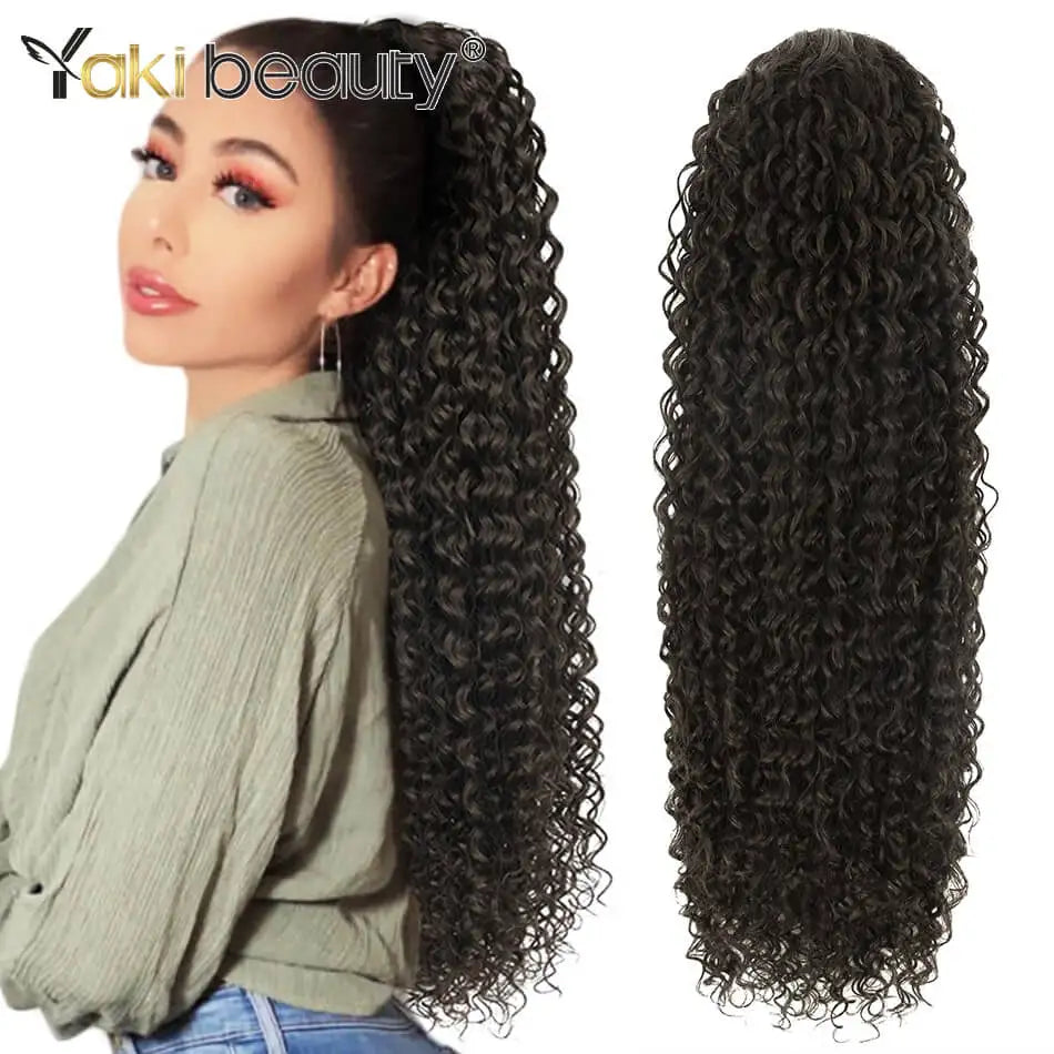 Synthetic Drawstring Ponytail Long Kinky Curly Ponytail Organic Chip-In Hair Extension P4/27 Clip In Pony-Tail By YAKIBEAUTY