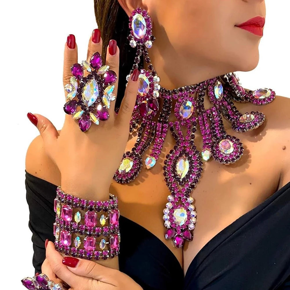 Purple Crystal Necklace Earrings Bracelet Rings Set Wedding Women Exaggerate Decoration Nigeria Bridal Jewelry Sets Party Gift - KIMLUD