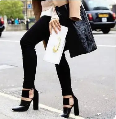 2017 Spring Fashion Black Smooth Leather Women Pointy Toe Pumps Thin Straps Cut Out Ladies Chunky Heel Shoes Rome Style Pumps