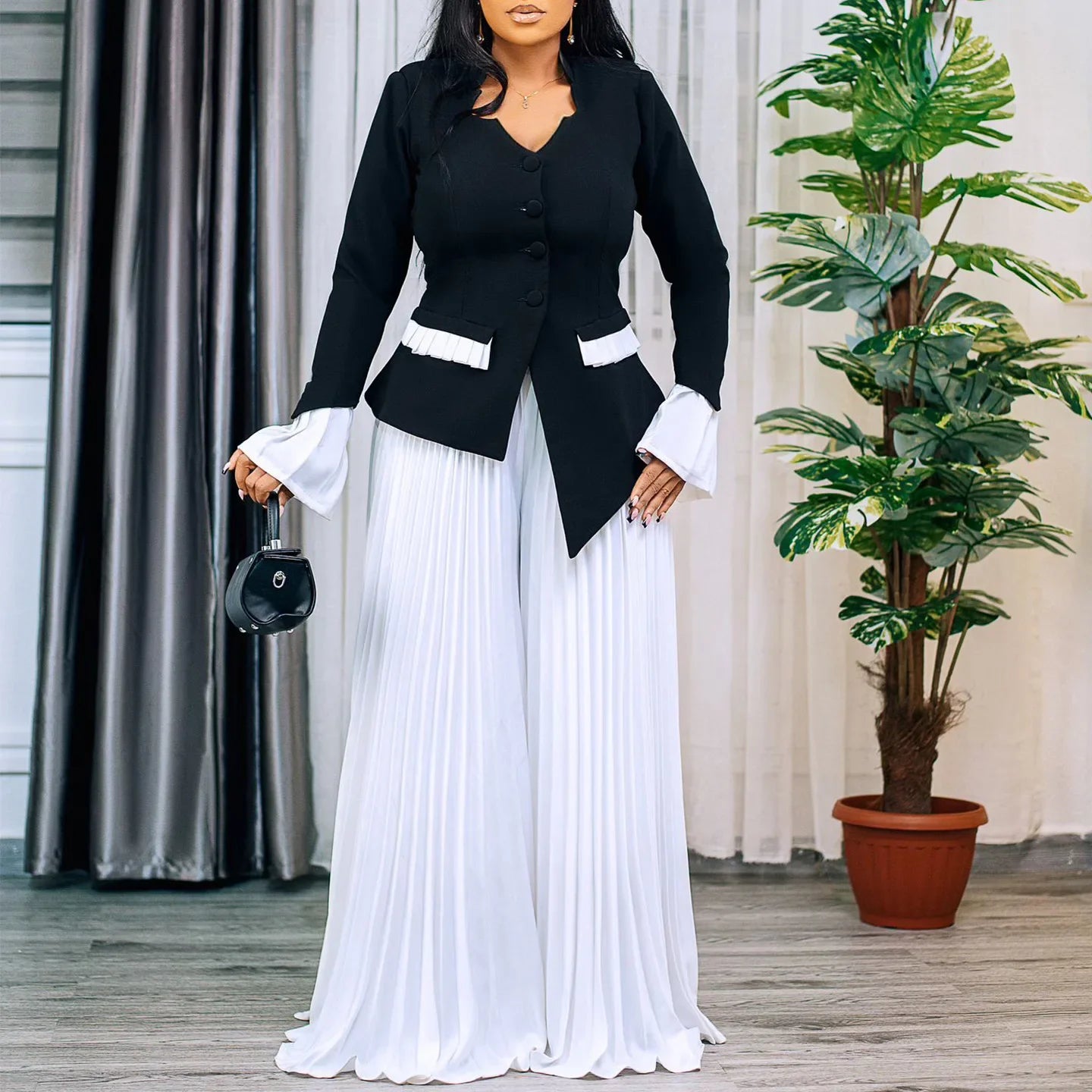 Women's Set Full Flare Sleeve Button Blazer Shirt + Pleated Long Pants Suit Streetwear Two 2 Piece Set Africa OL Outfits