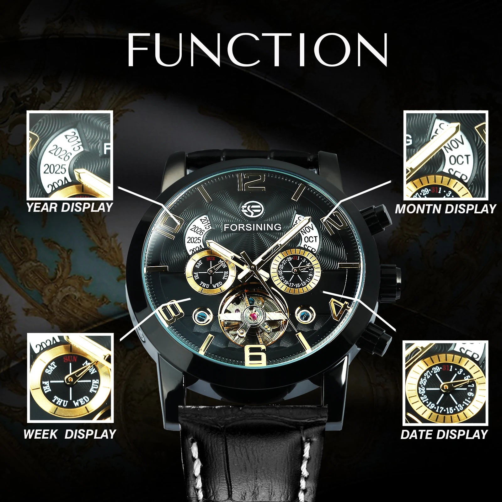 Forsining Classic Tourbillon Men Mechanical Wristwatches Top Brand Luxury Multifunction Automatic Watch Leather Strap Male Clock