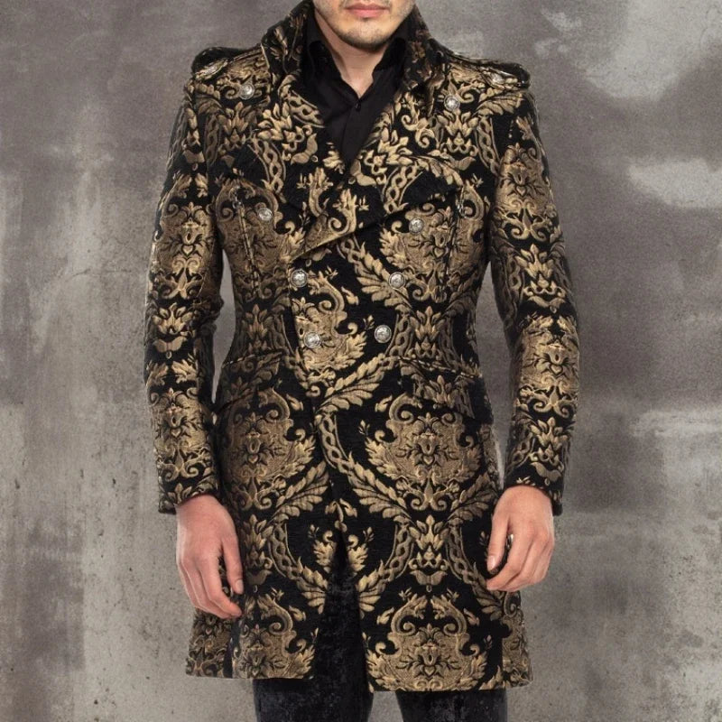 Long Floral Suit Jacket for Men Notch Lapel Double Breasted Jacquard Male Blazer One Piece Fashion Coat 2025 Custom Made