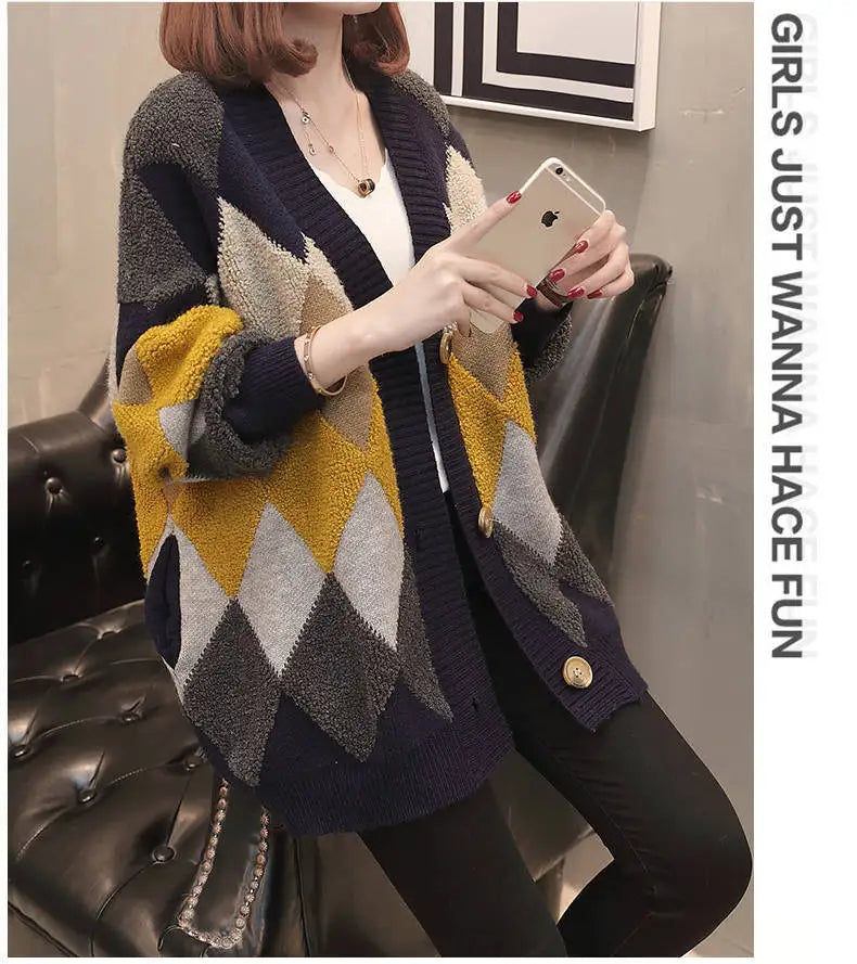 Slouchy Style Sweater Women's Cardigan Loose Autumn and Winter Korean 2023 New Style Outerwear Knitted Jacket Medium Length