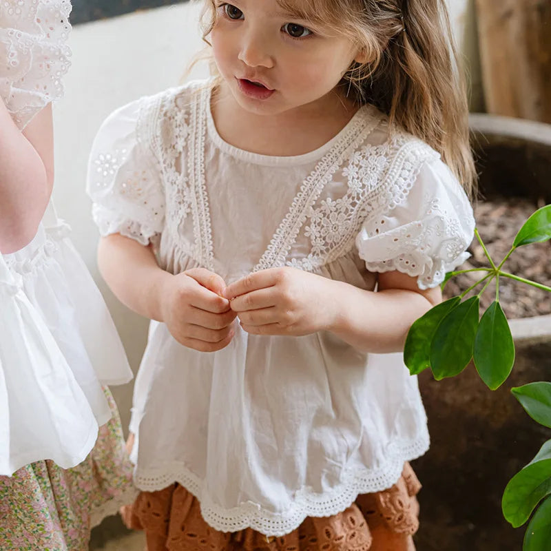 Blouses Summer Korea Girls Children Clothing Sweet Lovely Cotton Puff Sleeve Short Sleeved Shirt 2024 Simple Fashion