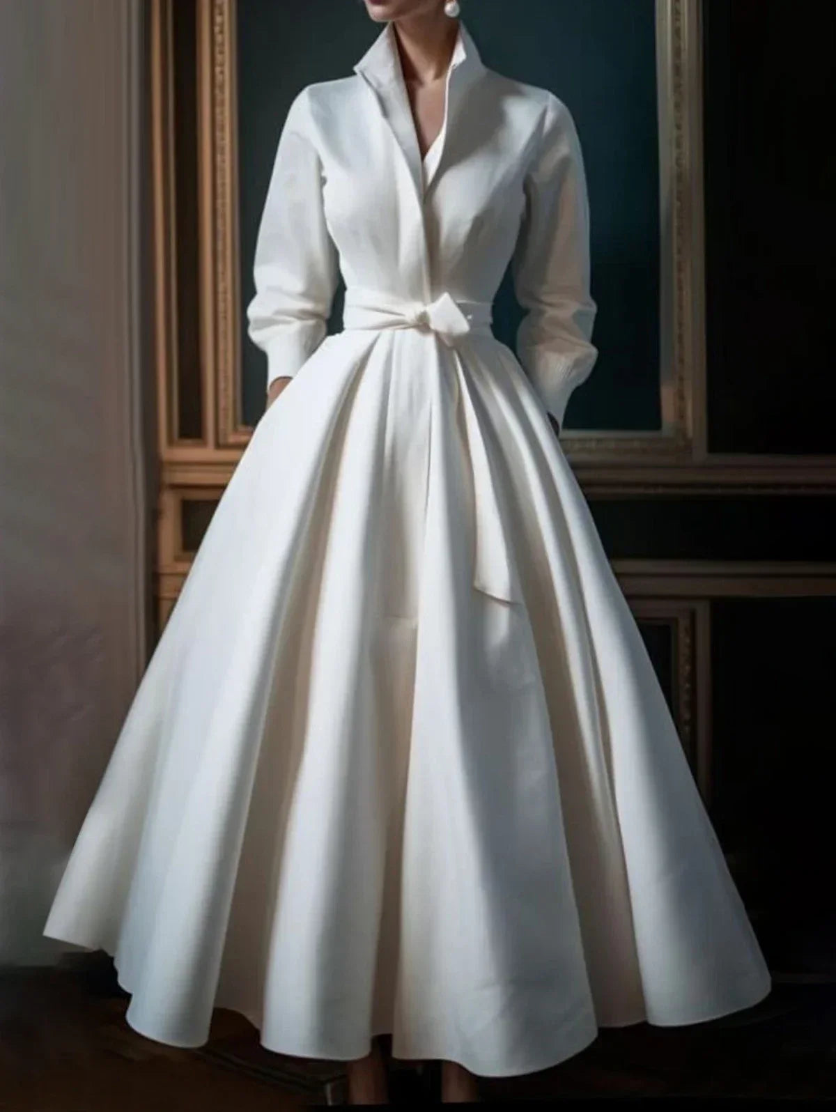 Women Elegant Shirt Dress Long Sleeve Stand Collar White Minimalist A-Line Pleated Wedding Guest Long Dresses with Blet 2024