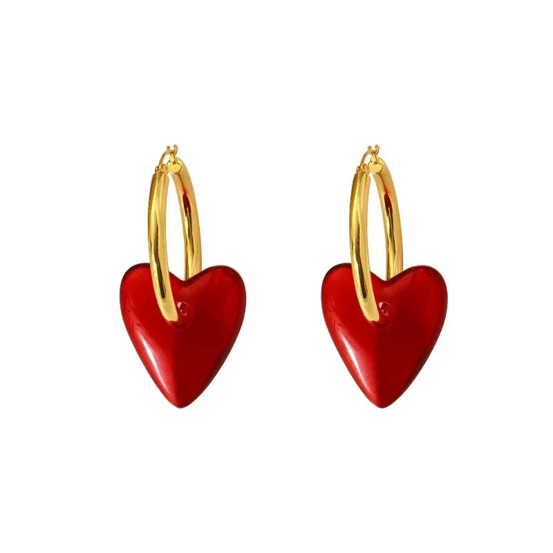 2024 new Vintage Hyperbole Red Heart-shaped Drop Earrings For Women Personality Golden Hoop Earrings Jewelry Accessories