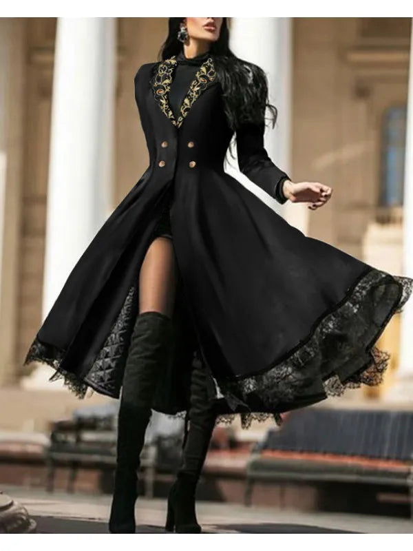 Women Vintage Party Trench Long Sleeve Autumn Splicing Lace Button Coat Female Casual Big Swing Fashion Long Jackets