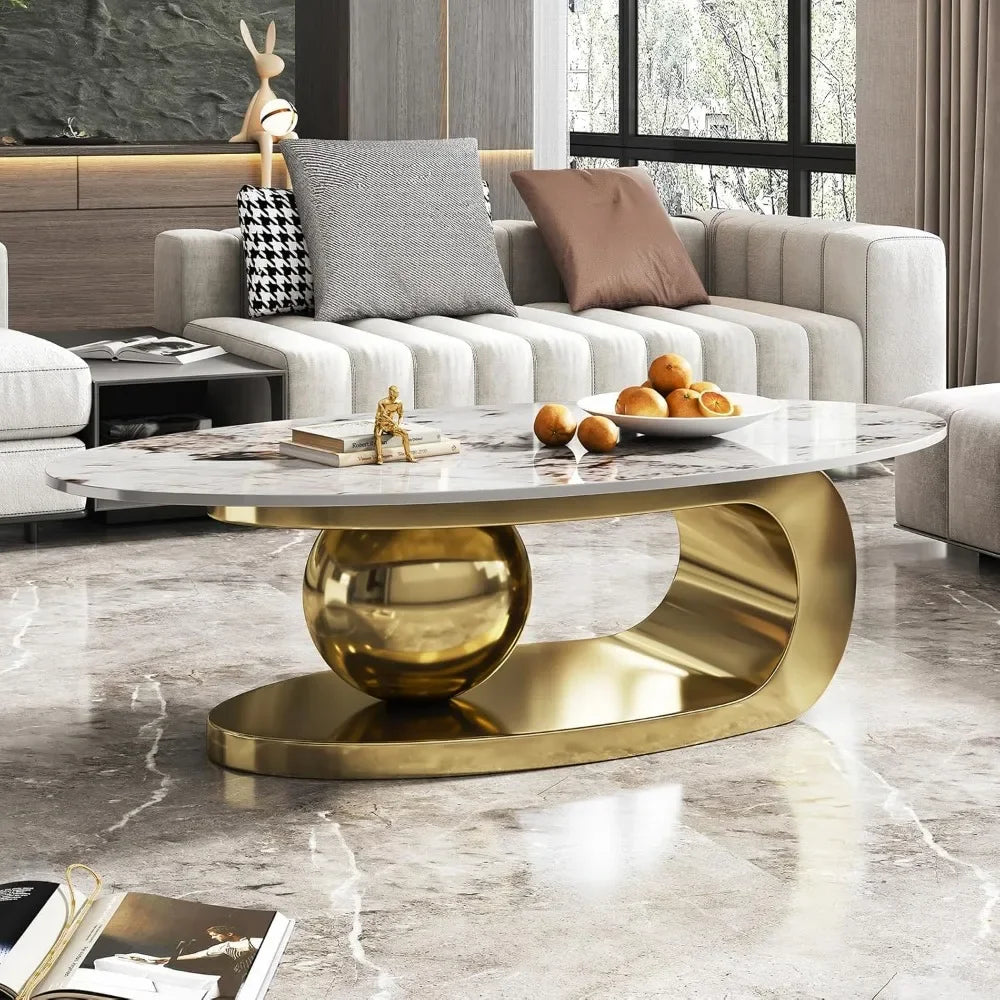 Modern Oval Stone Coffee Table with Abstract Gold Metal Base - Perfect Centerpiece for Stylish Living Rooms Coffee Tables