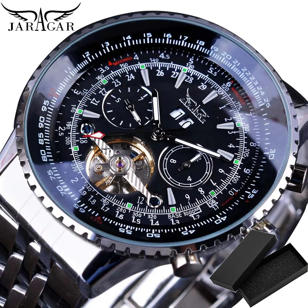 Jaragar Classic Tourbillon Men Mechanical Watch White Automatic Calendar Big Dial Stainless Steel Band Military Pilot Wristwatch