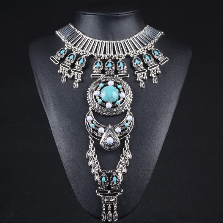 Bohemian Vintage Women's Necklace Gems Exaggerate Ethnic Traditional Necklace Accessories Long Tassels Jewelry Gifts