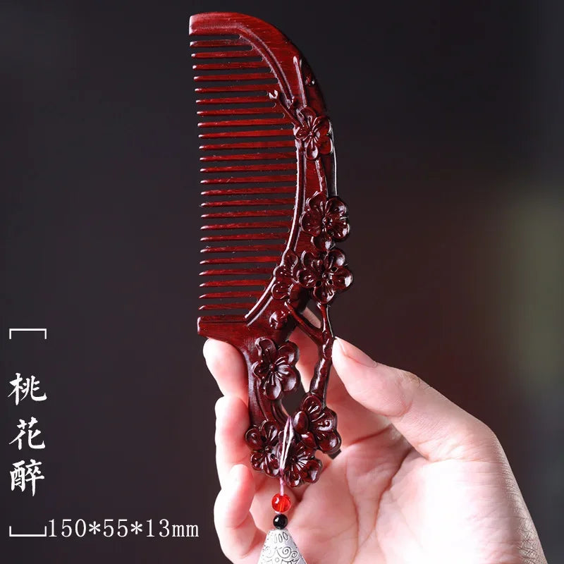 Natural Rhinoceros Horn Small Leaf Red Sandalwood Carved Wood Comb Retro Style Massage Comb Gifts with comb