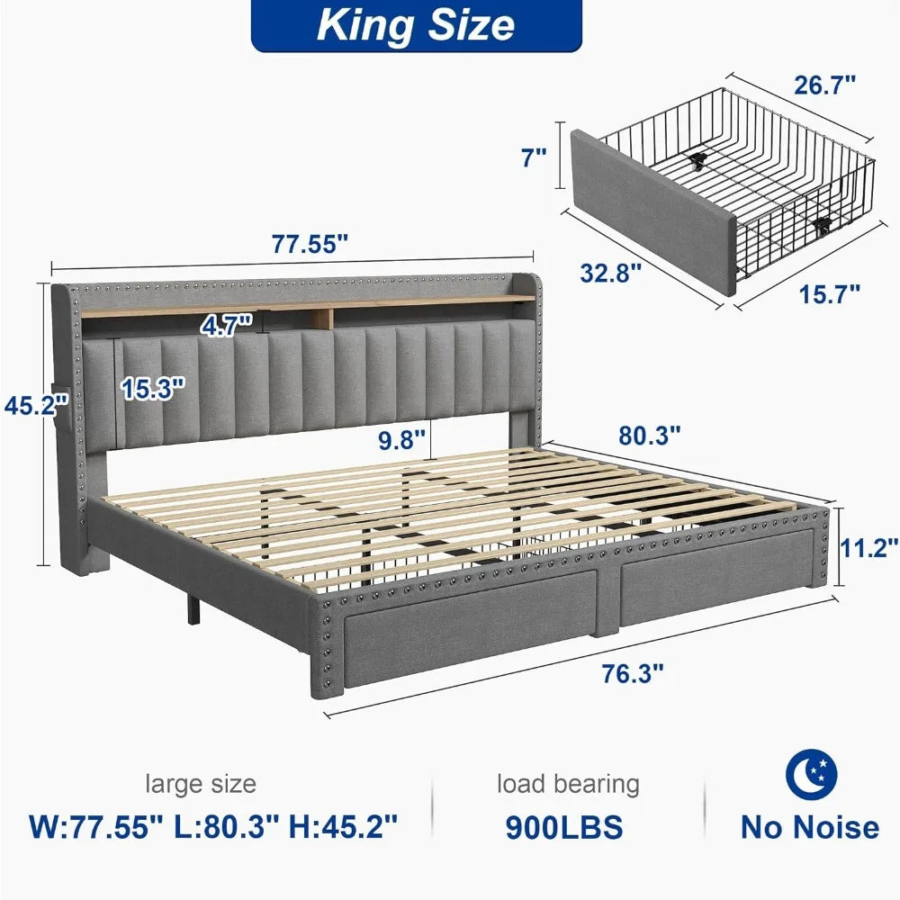 King Size Bed Frame with Storage and Headboard, Upholstered King Bed Frame with Storage, Grey King Bed Frame w 2 Drawers