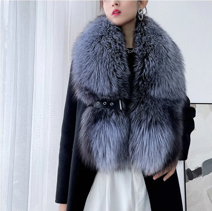 KIMLUD, Winter Fox Fur Scarf Long Fur Collar Silver Fox Real Fur Shawl Russian Scarfs For Ladies Neck Luxury Fashion Scarves Womens, KIMLUD Womens Clothes