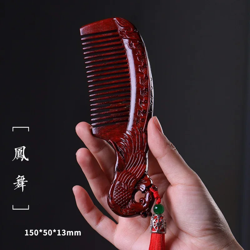 Natural Rhinoceros Horn Small Leaf Red Sandalwood Carved Wood Comb Retro Style Massage Comb Gifts with comb