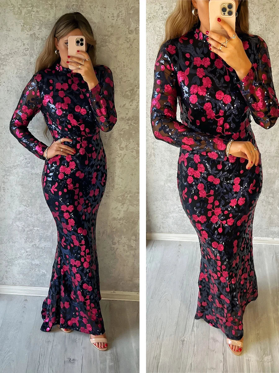 High Neck Luxury Full Sleeve Sequined Flowers Cocktail Prom Gown Bodycon Mermaid Long Celebrity Evening Party Dress Women 2024