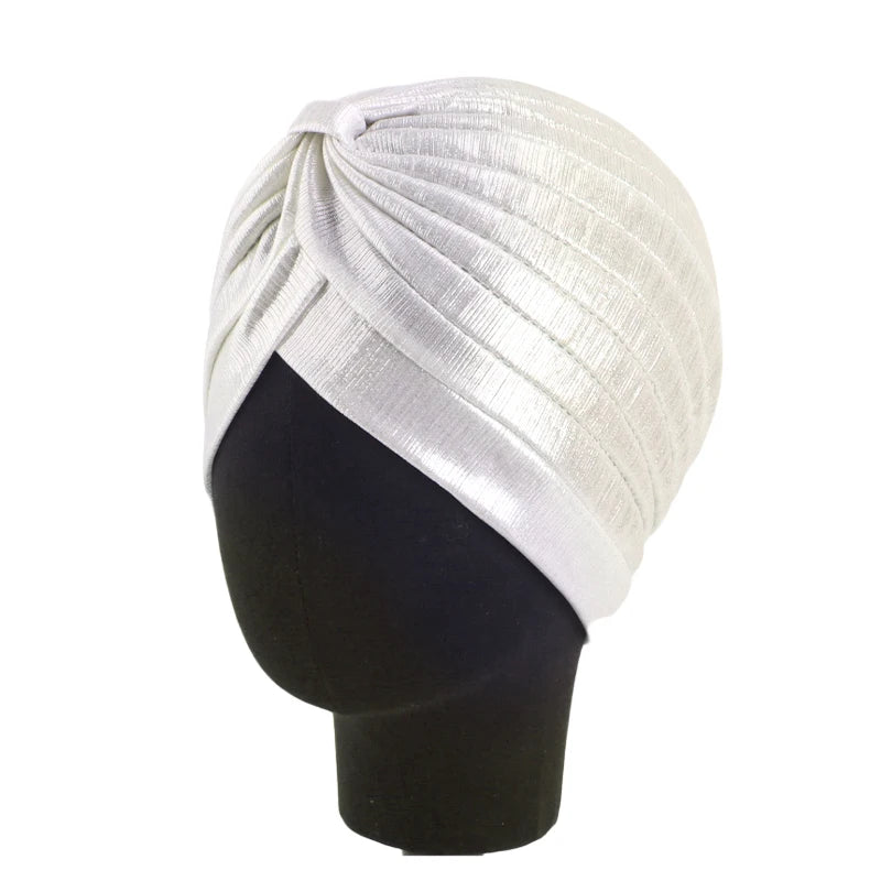 New Women's Metallic Pleated Knot Turban Hat Retro Ethnic Hat Elastic Head Wrap Shiny Beanies Head Scarf Bonnet Chemo Cap