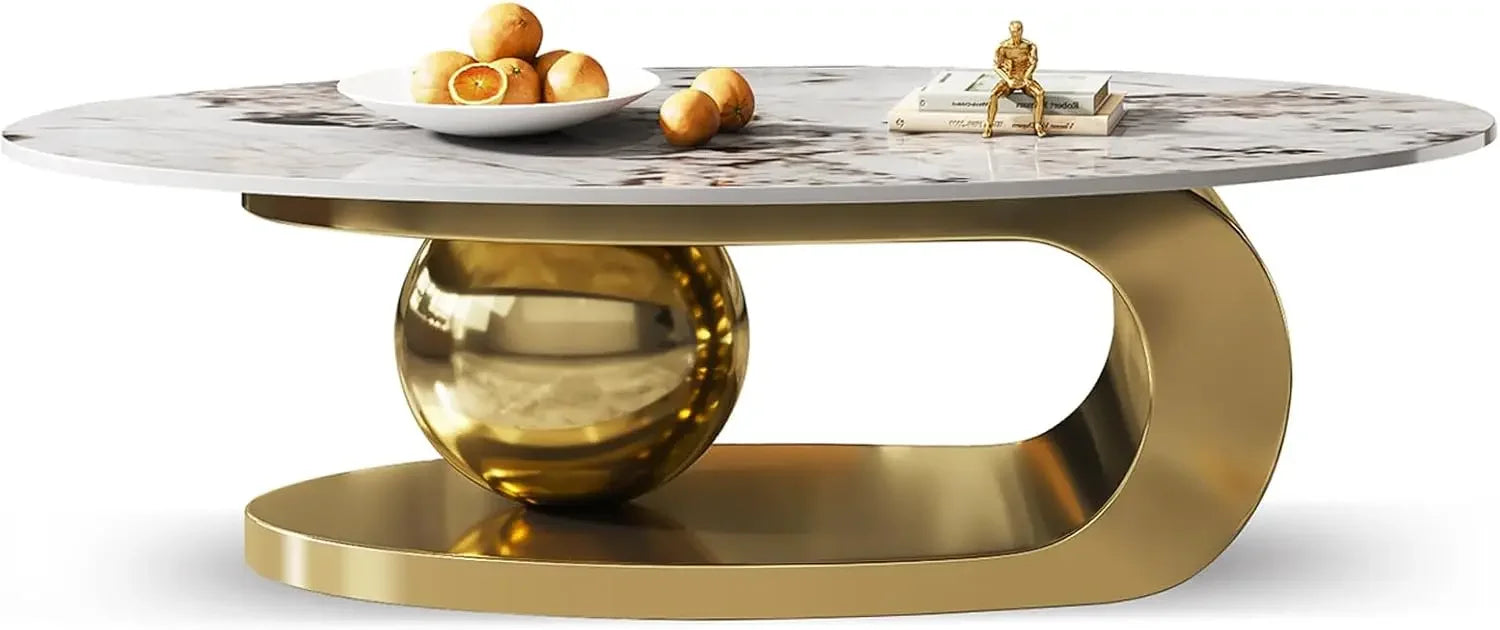 Stone Coffee Table with Abstract Gold Metal Base - Perfect Centerpiece for Stylish Living Rooms-Gold,51" Lx28 Wx16.5