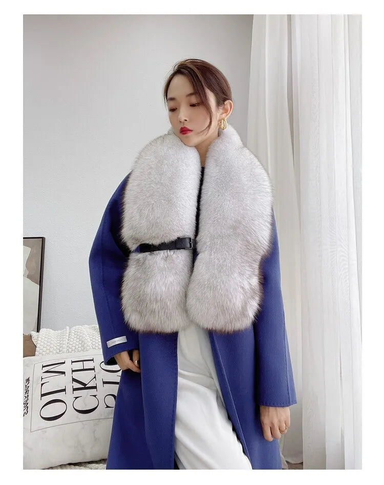 KIMLUD, Winter Fox Fur Scarf Long Fur Collar Silver Fox Real Fur Shawl Russian Scarfs For Ladies Neck Luxury Fashion Scarves Womens, Blue fox-Belt Buckle / Long125 width 20CM, KIMLUD APPAREL - Womens Clothes