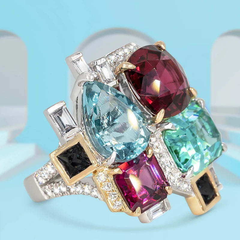 Huitan New Colorful Cubic Zirconia Women Rings for Party Two Tone Personality Female Finger Rings Gorgeous Jewelry Drop Shipping