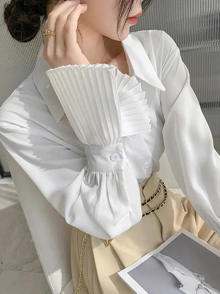 Jmprs Designed Women Flare Sleeve Women Shirts Office Ladies White Korean Fashion Fall Tops Elegant Button Up Female Shirt