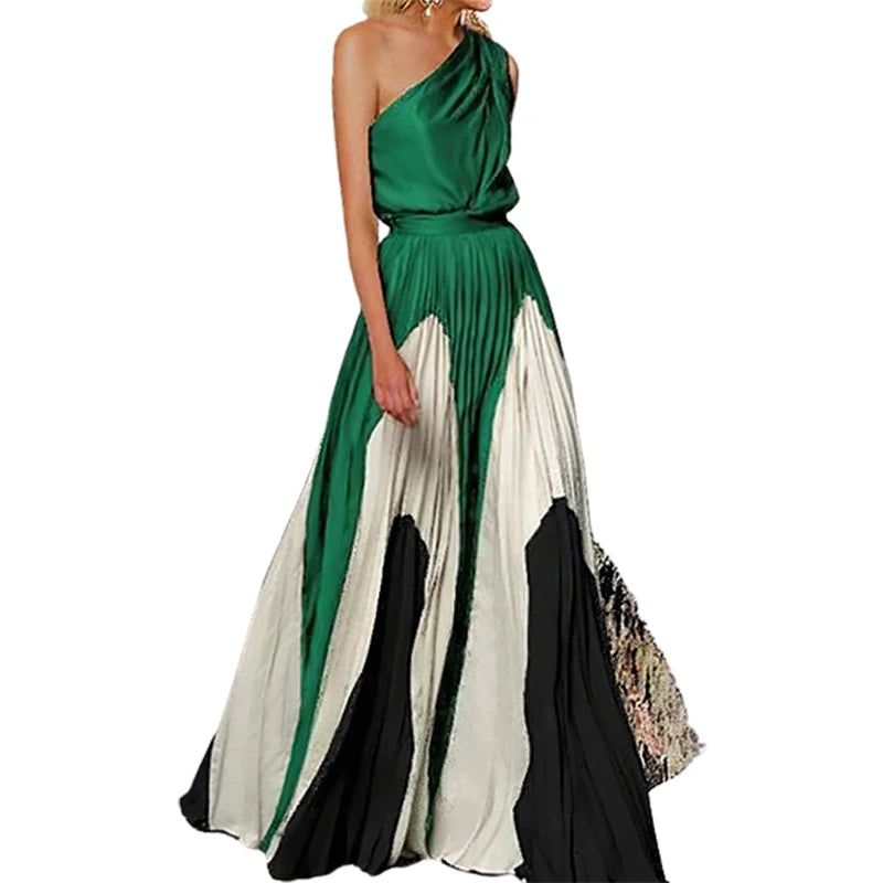 Freeacy 2023 New Female Printed Elegant Chic A-line Pleated Party Dress Summer One-Shoulder Prom Evening Maxi Dresses For Women