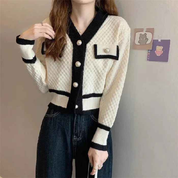 KIMLUD, woman sweater cardigan autumn/winter knitting V-neck long lantern sleeve color splicing woman's clothing dropshipping AYX588, apricot / One Size, KIMLUD APPAREL - Womens Clothes