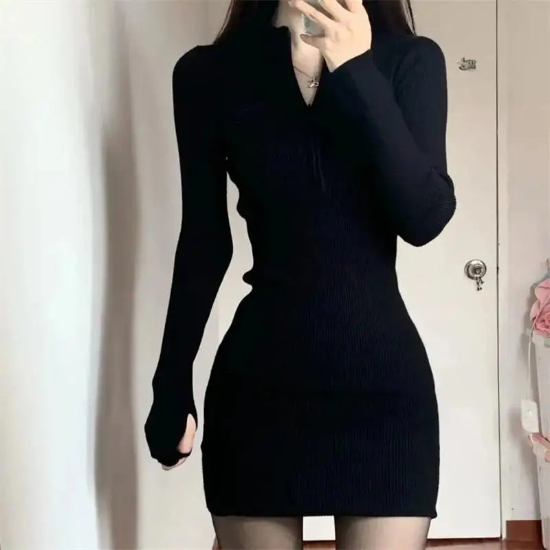 Long Sleeve Dresses for Women Black Sexy Club Bodycon Mini Dress Y2k High Waist Ladies Korean Short Dress Basic Autumn Winter - KIMLUD