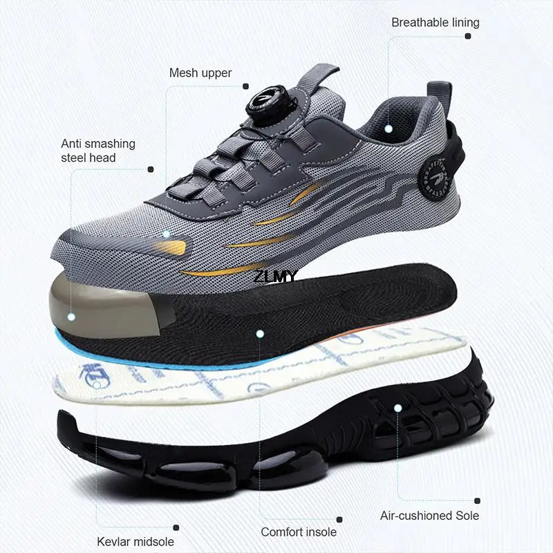 Rotary Button Safety Shoes Men Steel Toe Sneakers Puncture Proof Work Safety Boots Air Cushion Sport Work Shoes Anti-smash Boots - KIMLUD