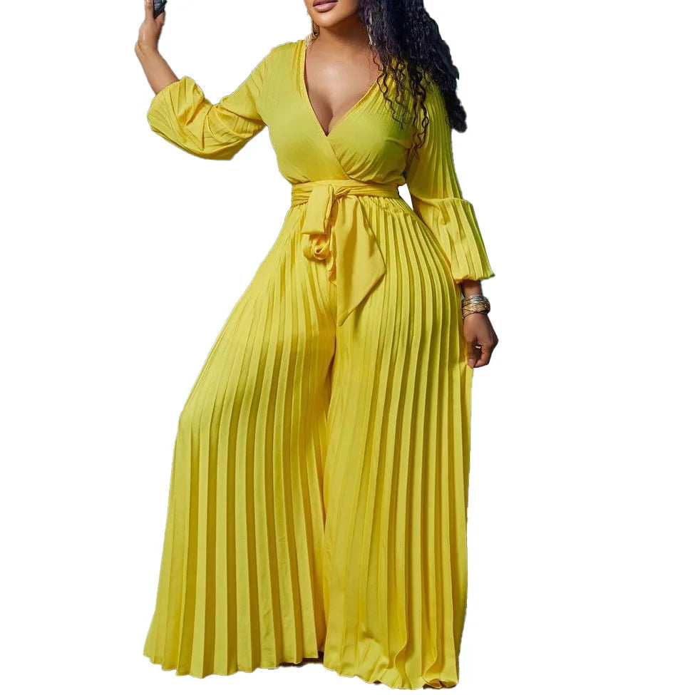 2022 Summer Fashion African Women Long Sleeve V-neck Polyester Yellow Blue Rose Red Long Jumpsuit African Jumpsuit S-3XL