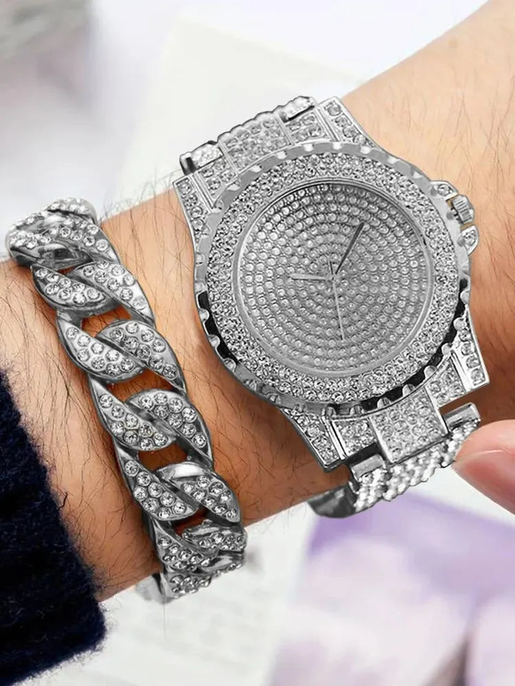 2pcs Stylish Shiny Full Diamond MEN'S Large Dial Steel Band Quartz Watch with Diamond Inlaid Chain Bracelet Set