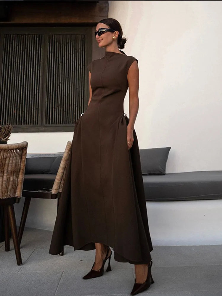 2024 Chic Solid Slanted Collar Pleated A-line Maxi Dress Women's Elegant Sleeveless High Waist Slim Dresses Female Evening Robes - KIMLUD