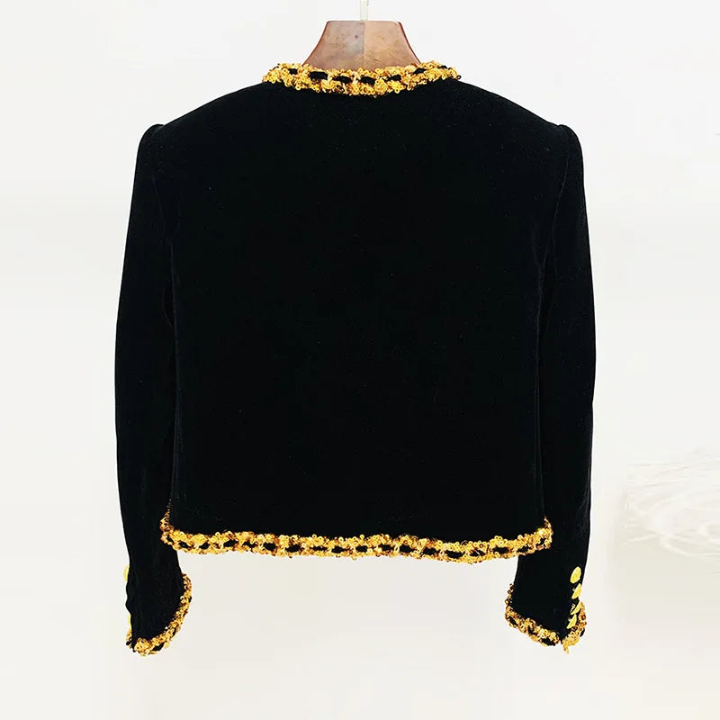 Luxury Long Sleeves Blazer Beaded Sequins Chain Velvet Short Jacket Female Lion Head Gold Button New in Outerwears Cardigan Coat