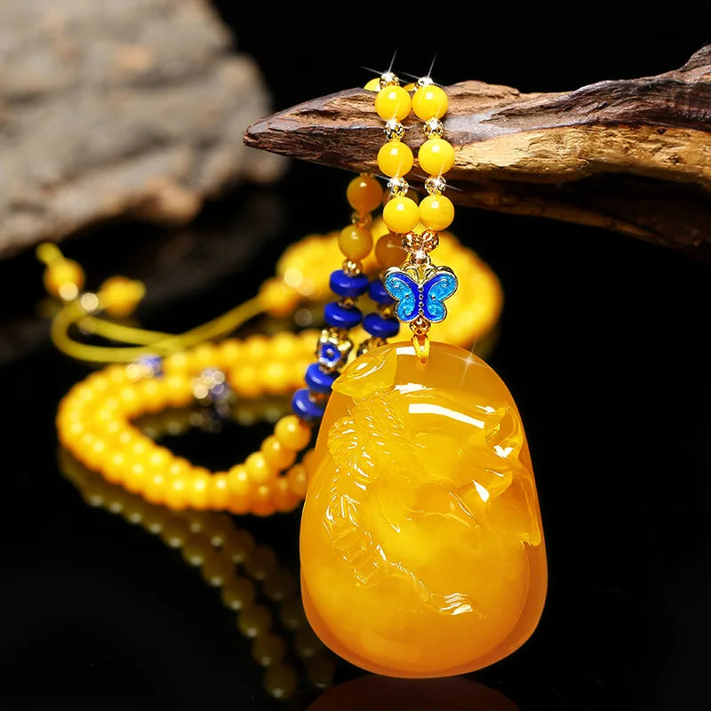 Drainage Gift Beeswax Pendant Women's Water Drop with Shape Sweater Chain Blue Carving Amber Necklace Pendant